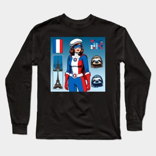 Francais: Female 1960's Comic Book Hero with Sloth Long Sleeve T-Shirt